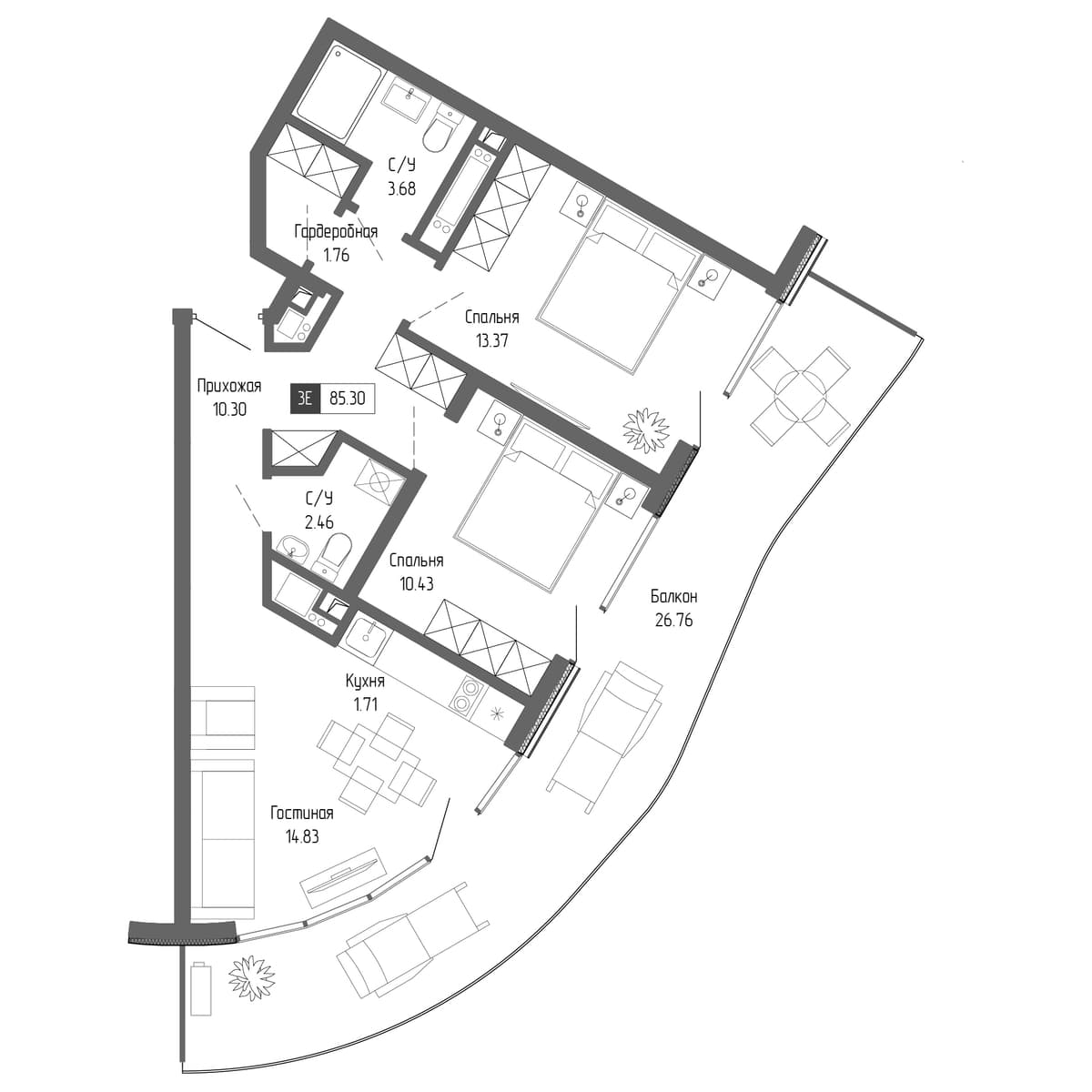 3-к, 85.3 м² · Крымская Резиденция