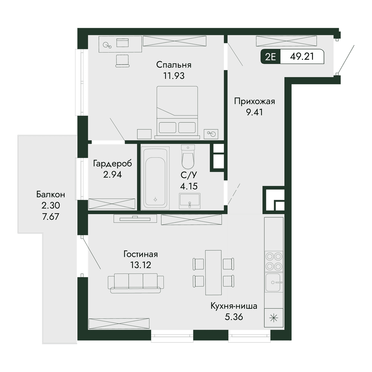 2-к, 49.21 м² · Парковая Резиденция