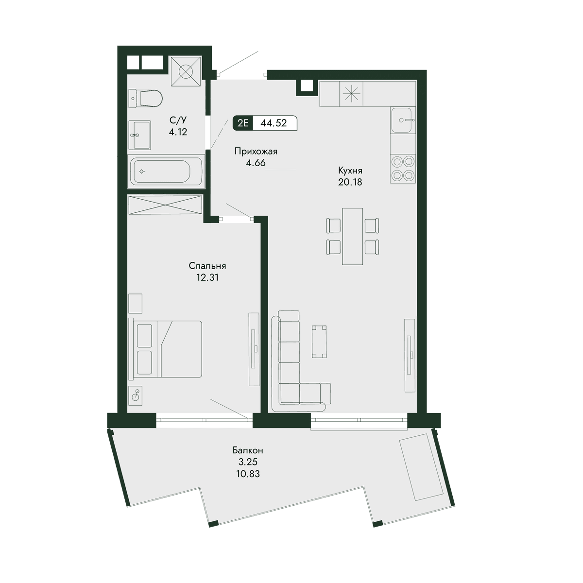 2-к, 44.52 м² · Парковая Резиденция