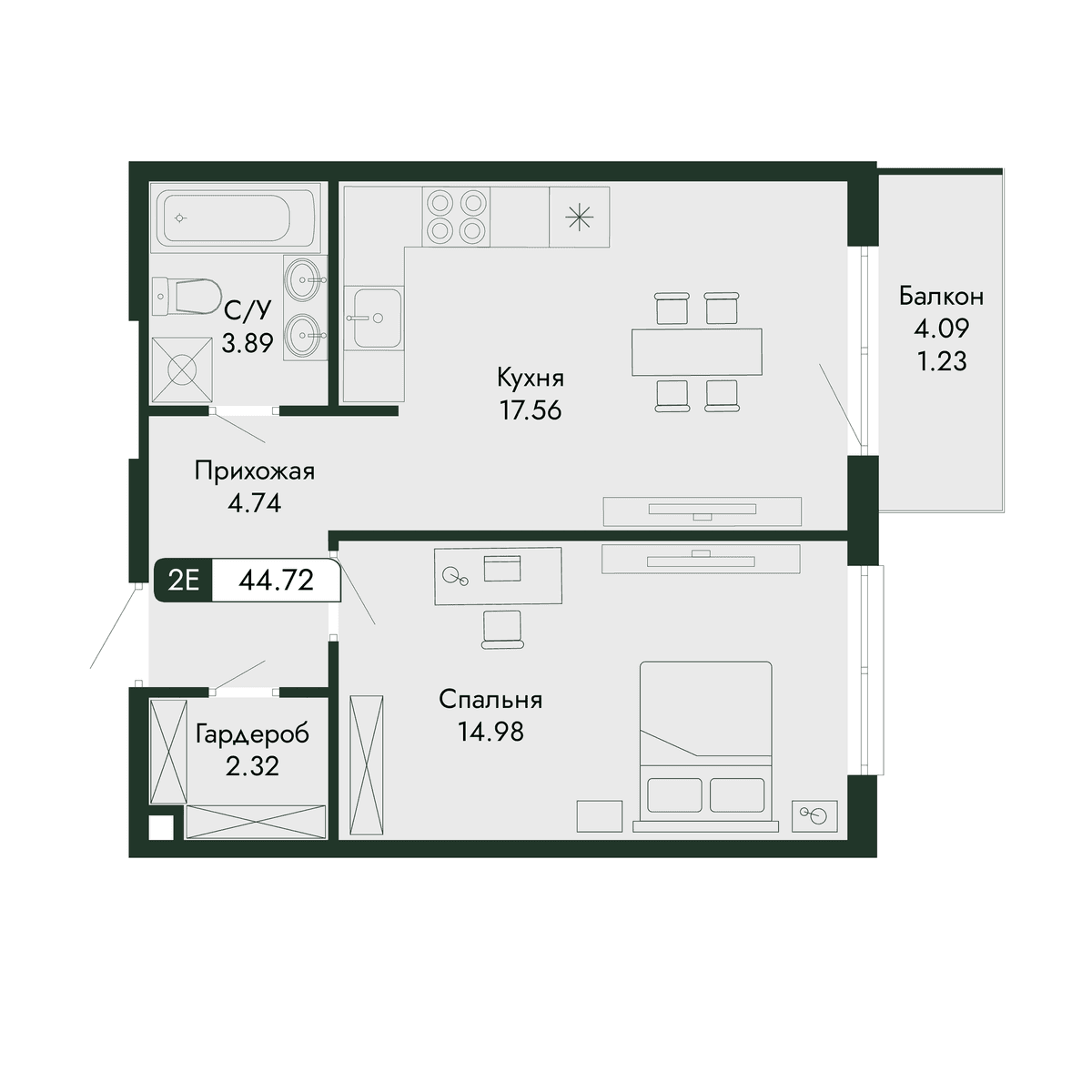2-к, 44.72 м² · Парковая Резиденция