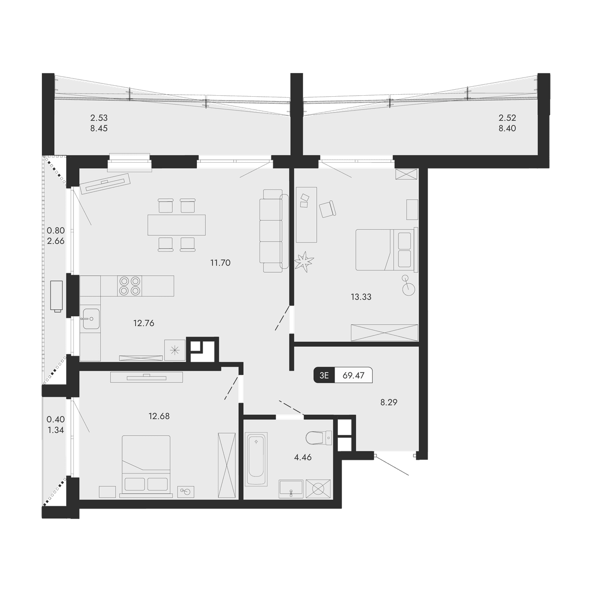 3-к, 69.47 м² · Парковая Резиденция