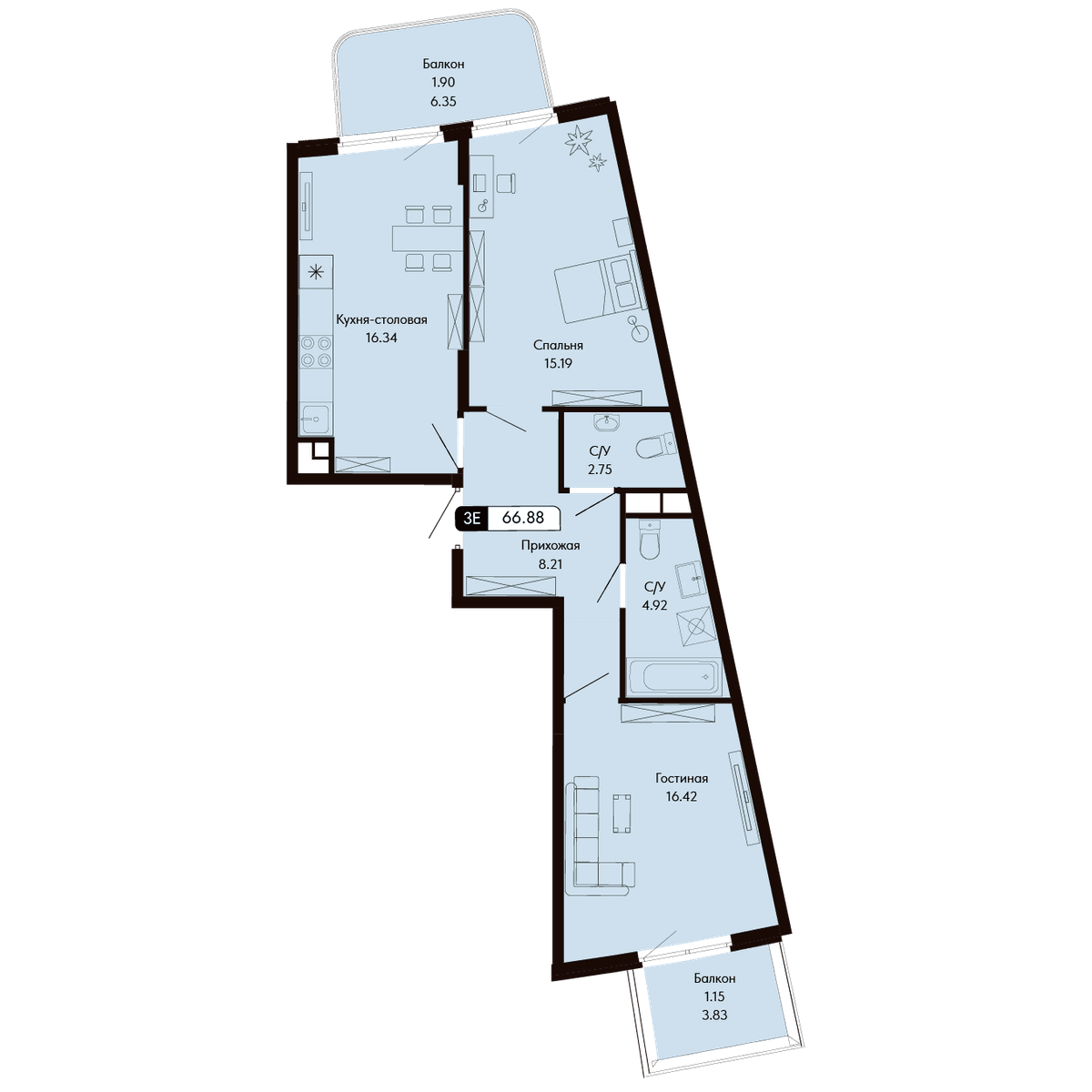 3-к, 66.88 м² · Ялтинская Резиденция