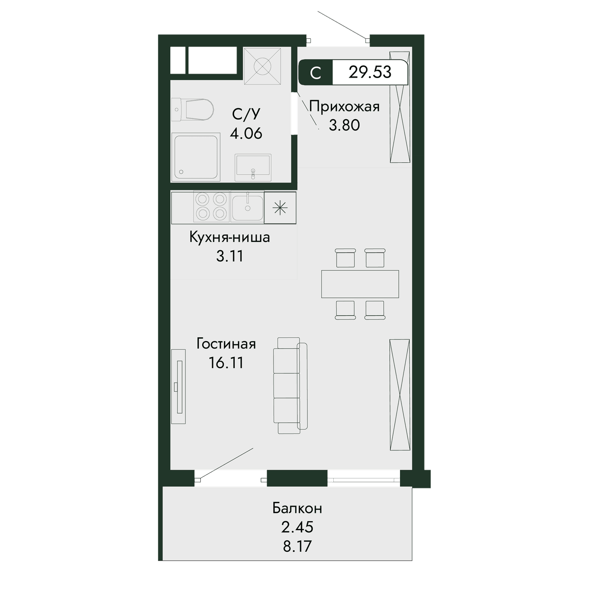 1-к, 29.53 м² · Парковая Резиденция