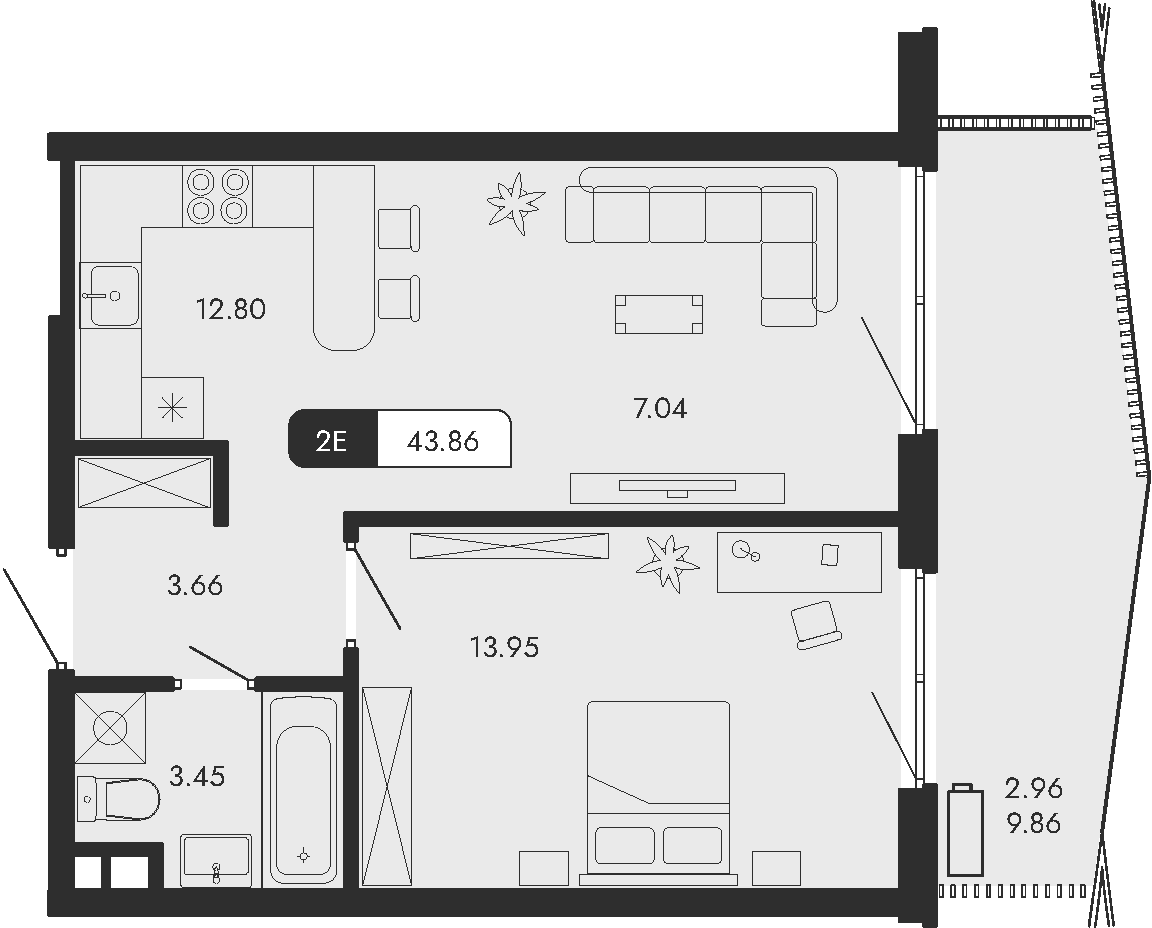 2-к, 43.86 м² · Парковая Резиденция
