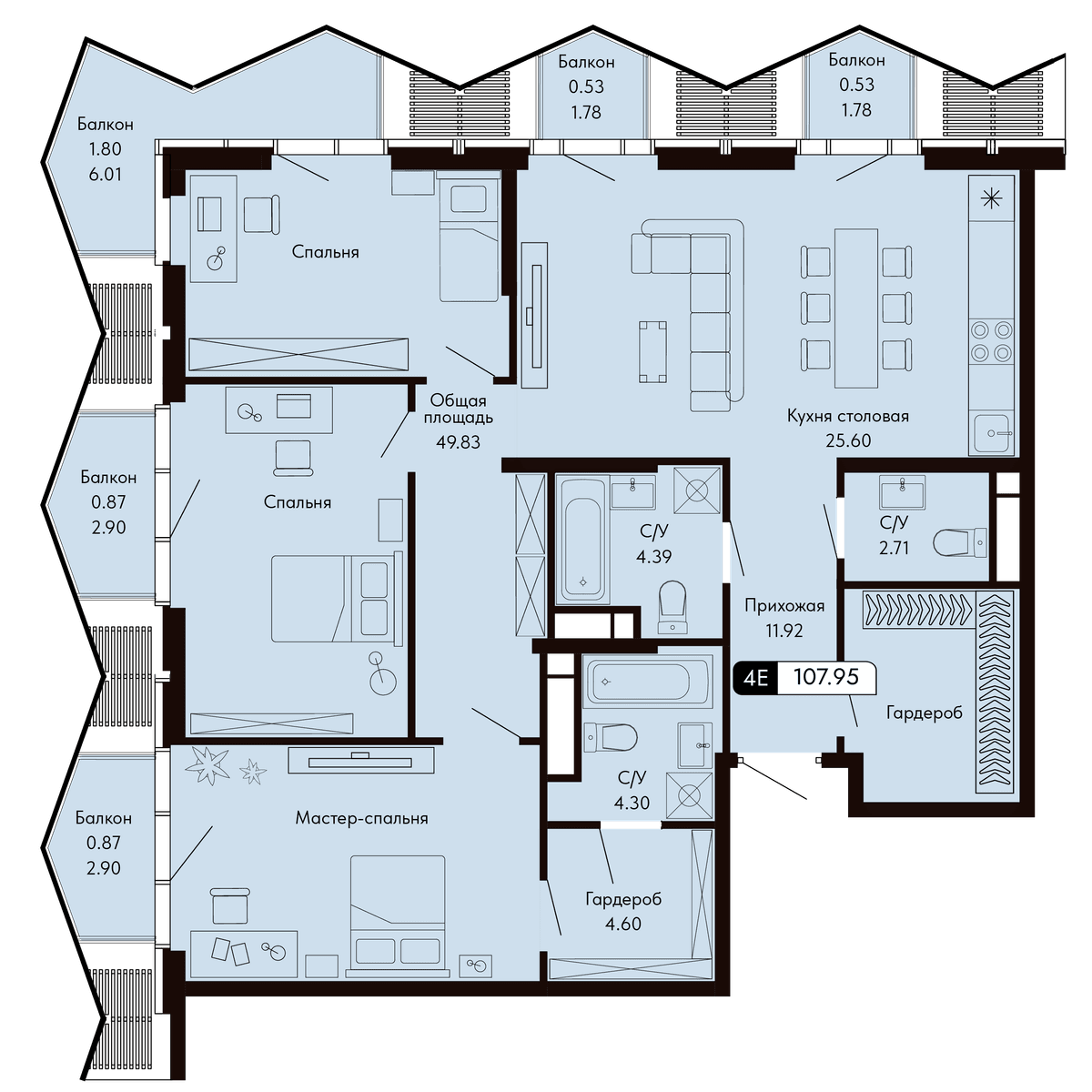 4-к, 107.95 м² · Ялтинская Резиденция