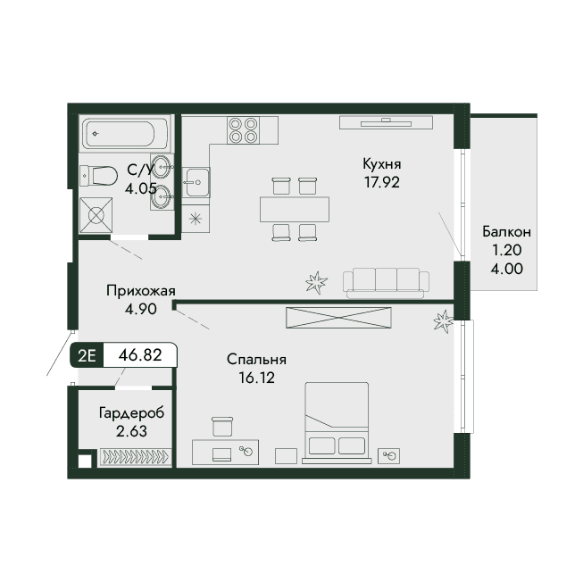 2-к, 46.82 м² · Парковая Резиденция