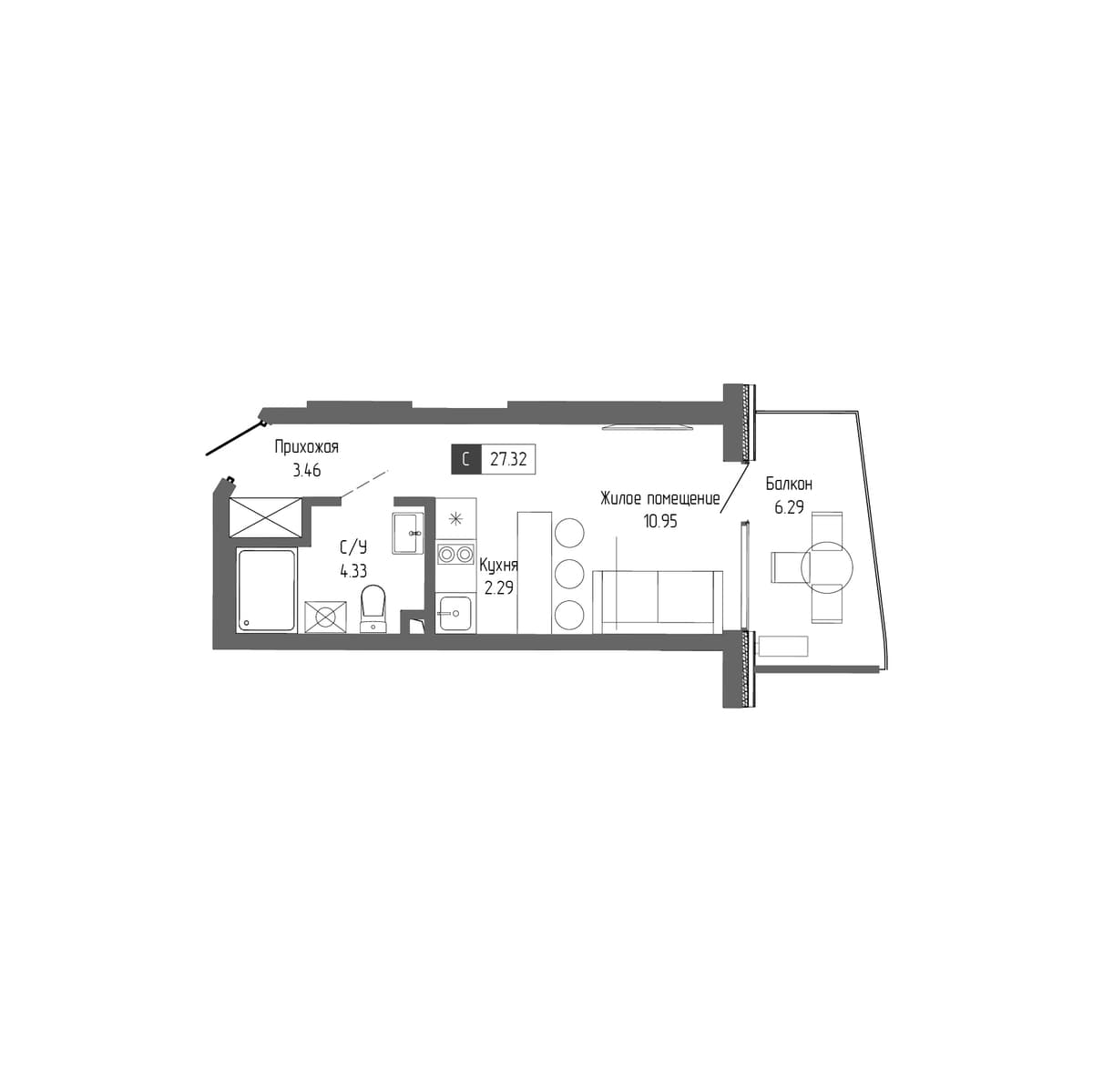 1-к, 27.32 м² · Крымская Резиденция