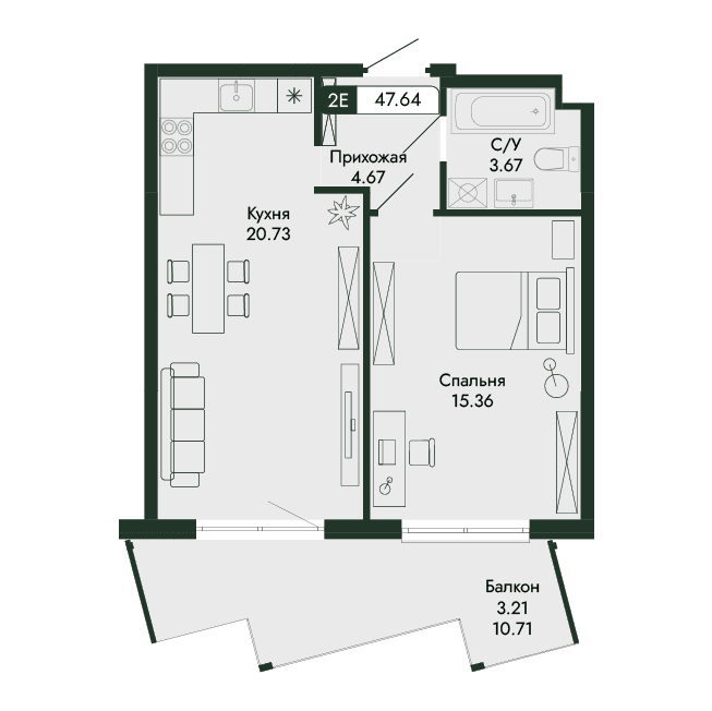 2-к, 47.64 м² · Парковая Резиденция