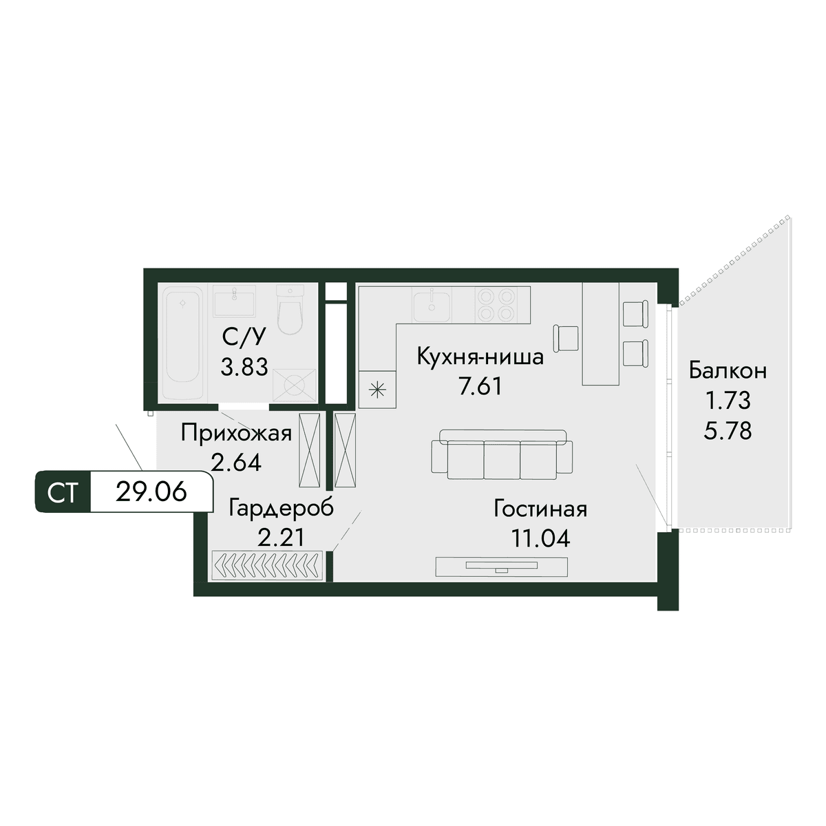 1-к, 29.06 м² · Парковая Резиденция