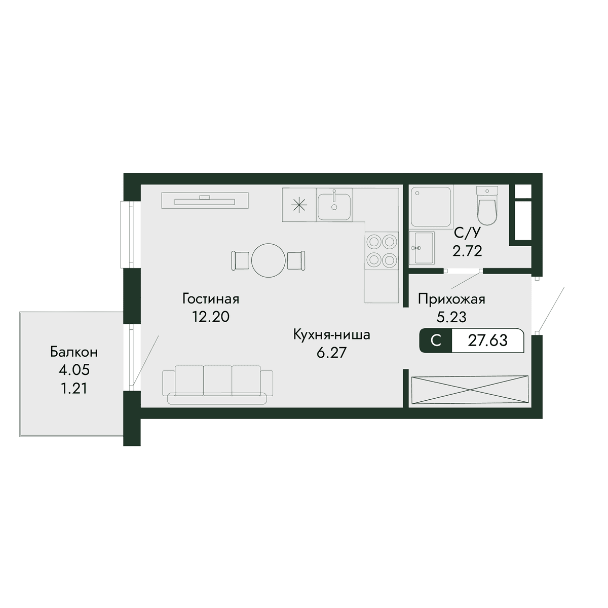 1-к, 27.63 м² · Парковая Резиденция