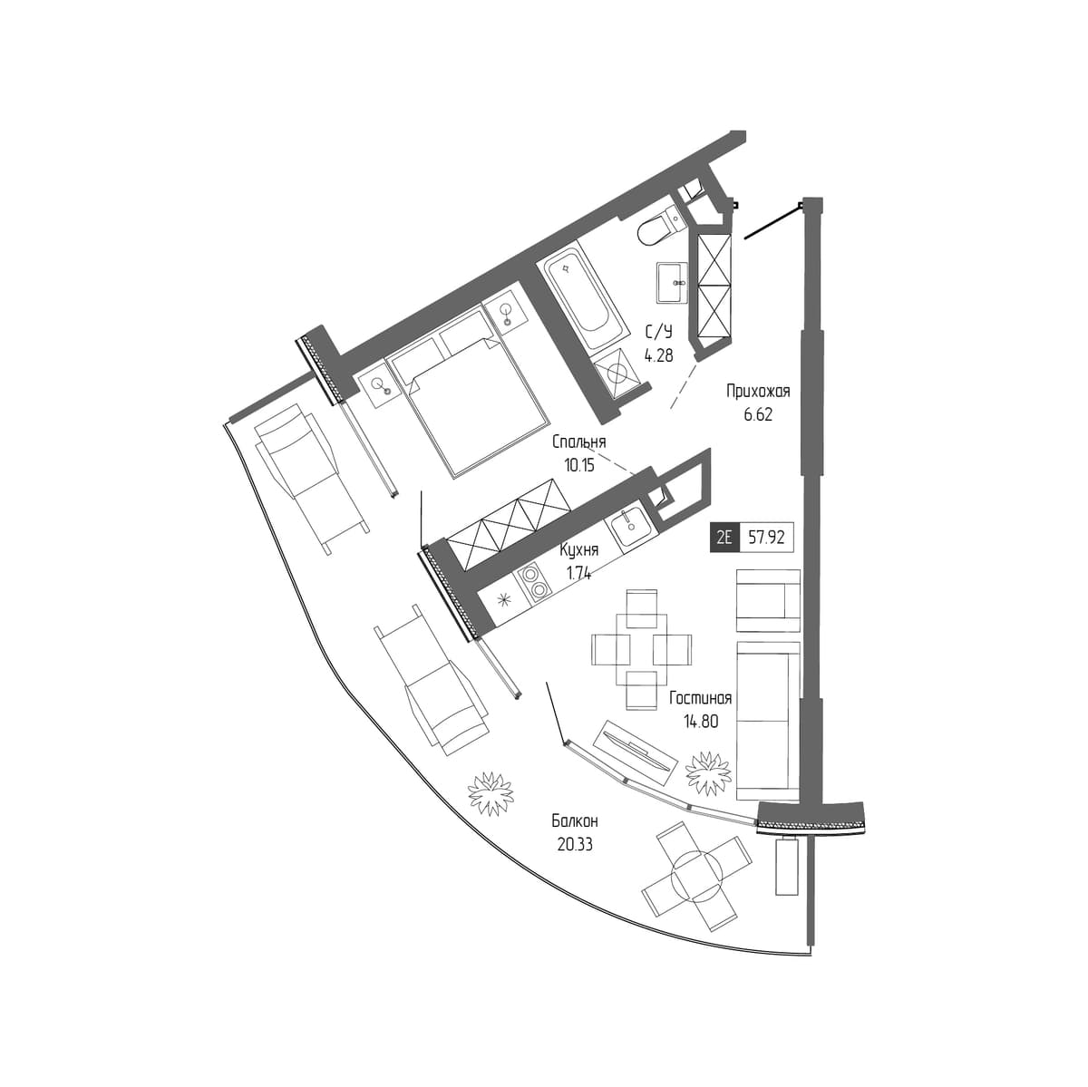 2-к, 57.92 м² · Крымская Резиденция