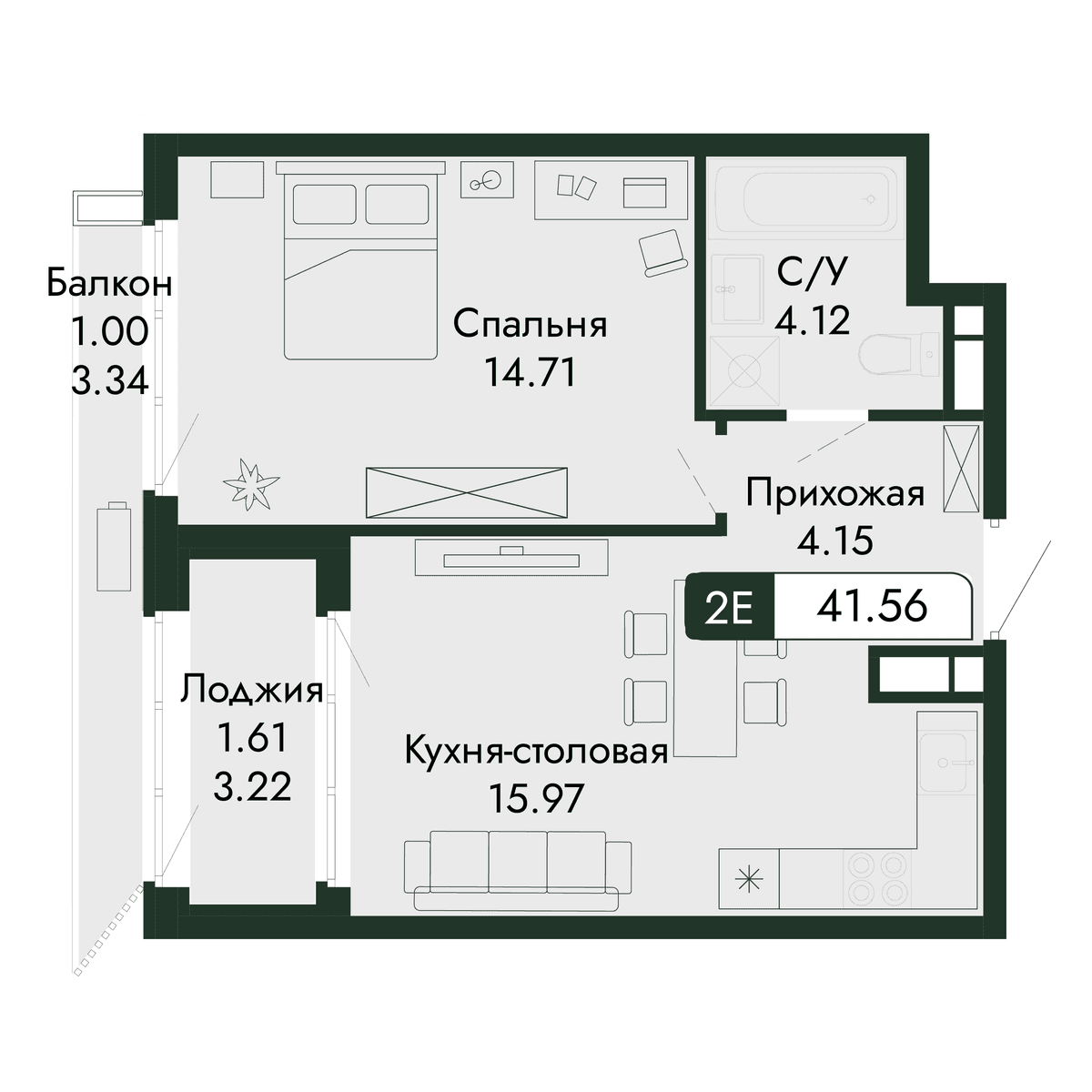 2-к, 41.56 м² · Парковая Резиденция