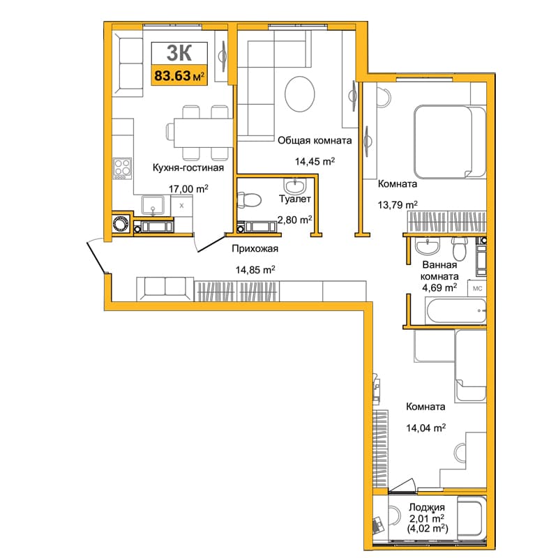 3-к, 81.7 м² · Город мира