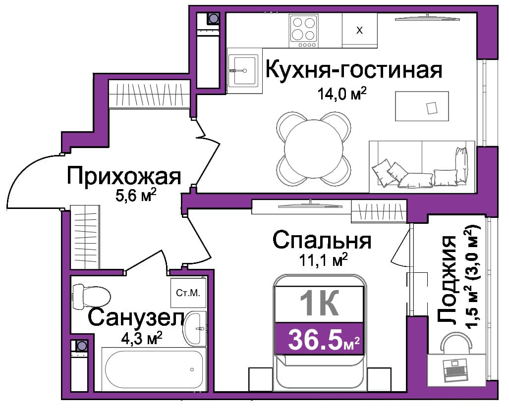 1-к, 36.5 м² · Город мира