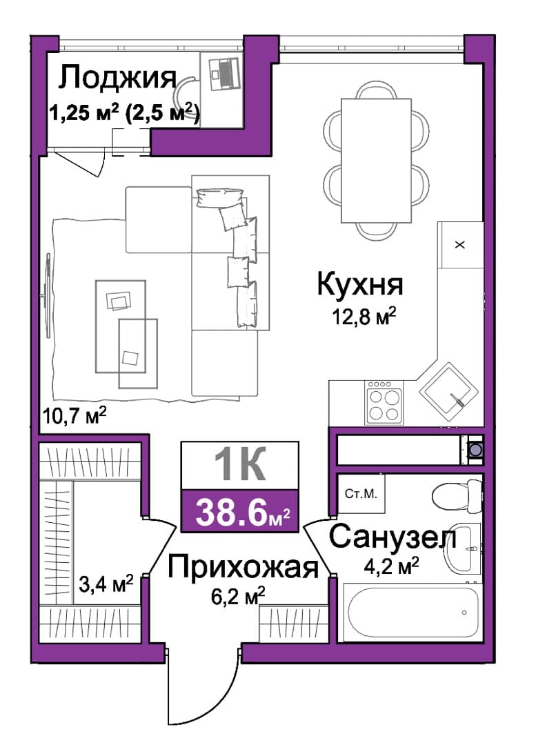 1-к, 38.6 м² · Город мира