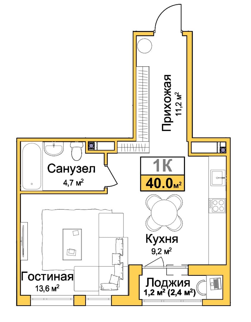 1-к, 40 м² · Город мира