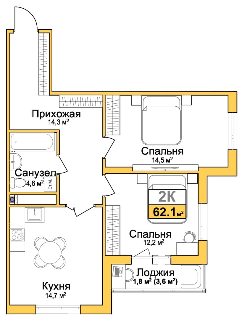 2-к, 62.1 м² · Город мира