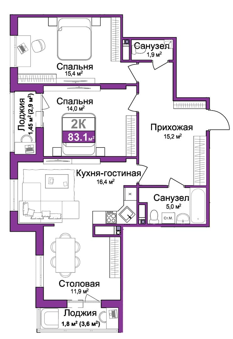 2-к, 83.1 м² · Город мира