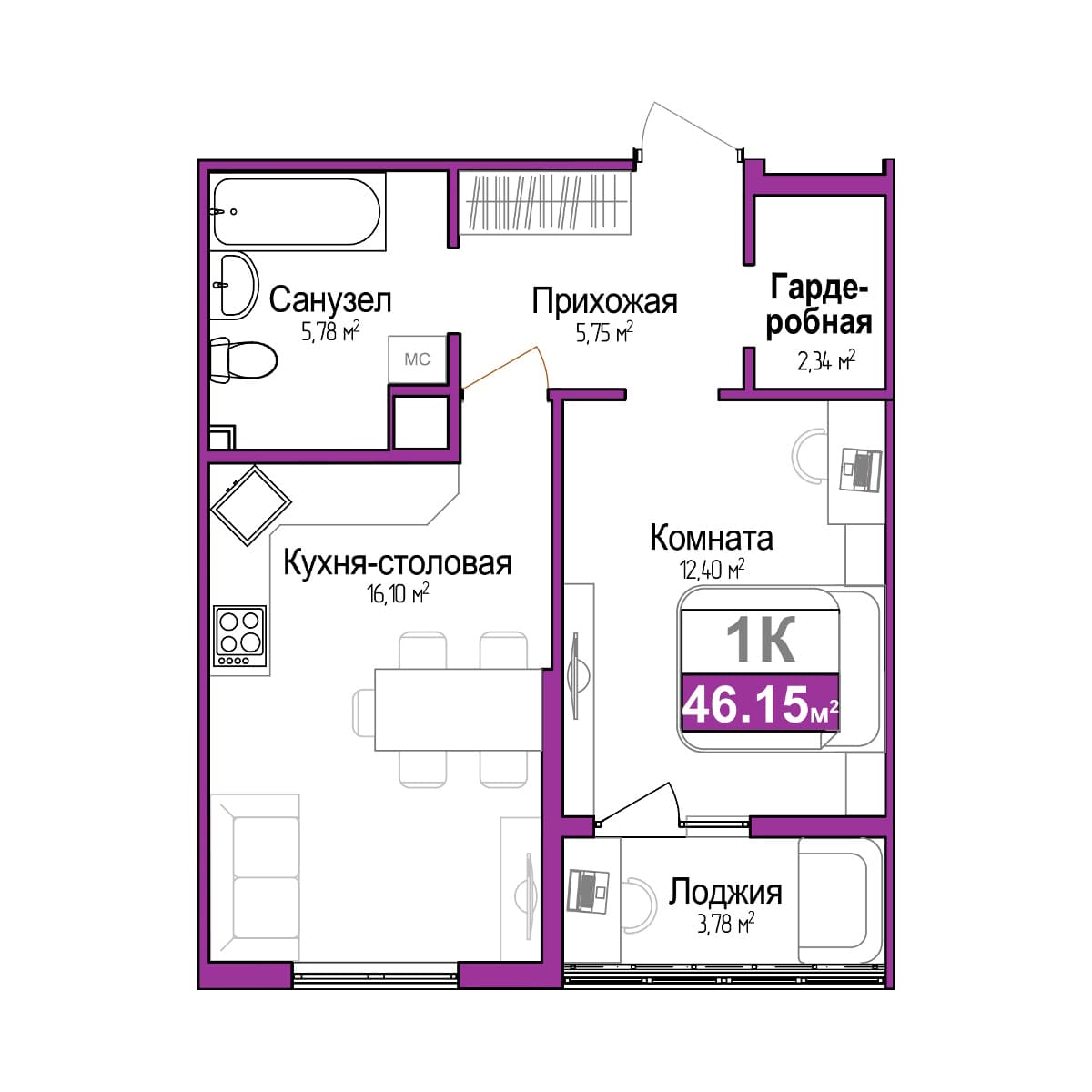 1-к, 44.26 м² · Город мира