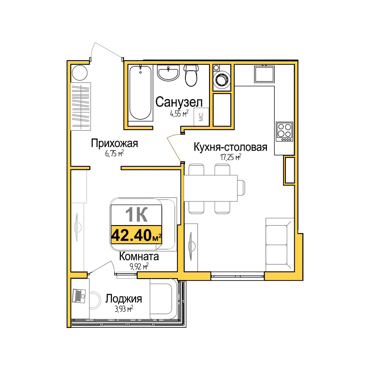 1-к, 40.44 м² · Город мира
