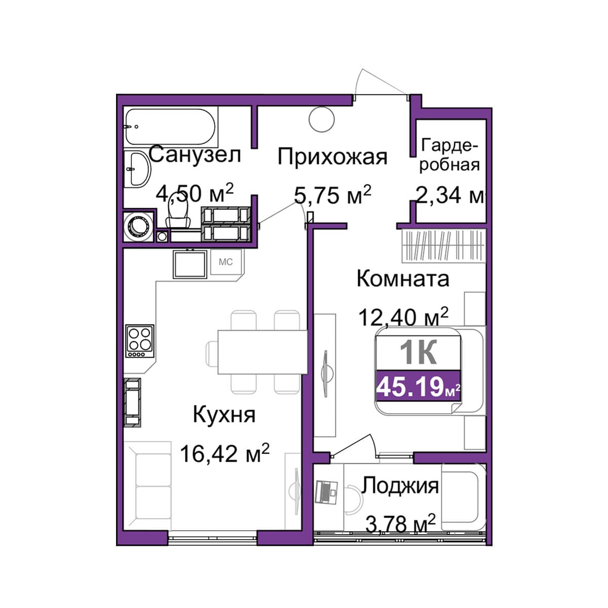 1-к, 43.3 м² · Город мира