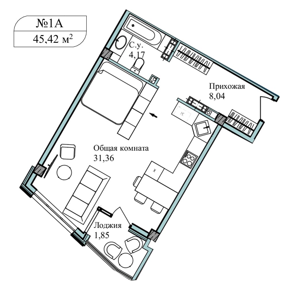 1-к, 47.5 м² · Апарт-комплекс «GARDEN»