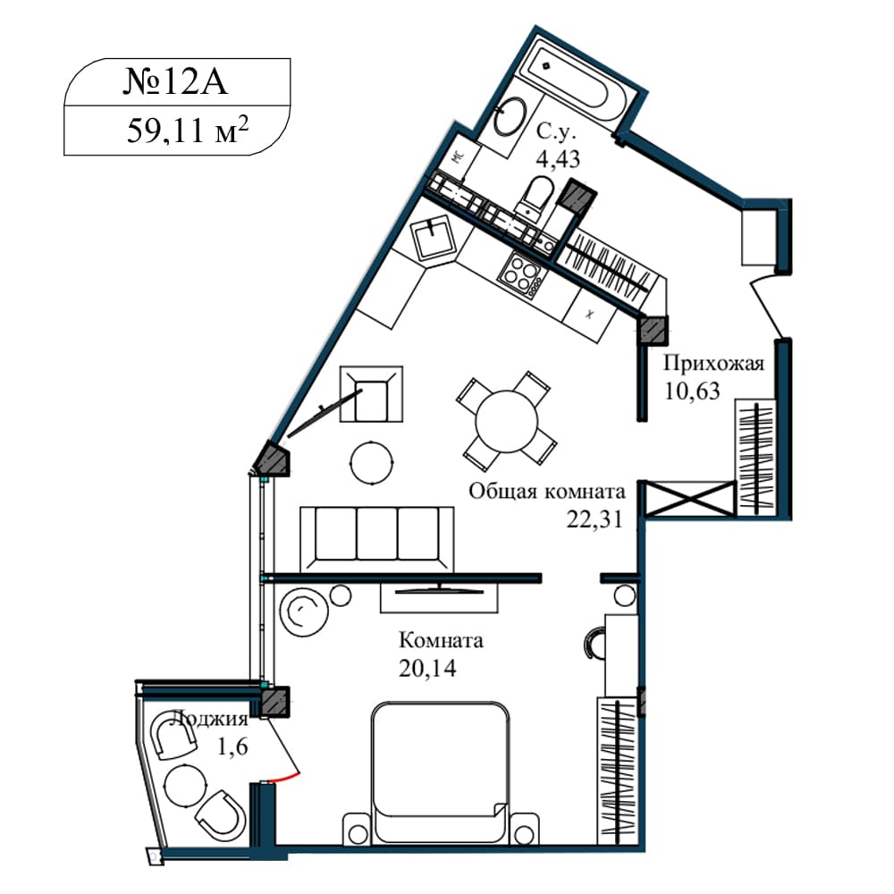 2-к, 60.5 м² · Апарт-комплекс «GARDEN»