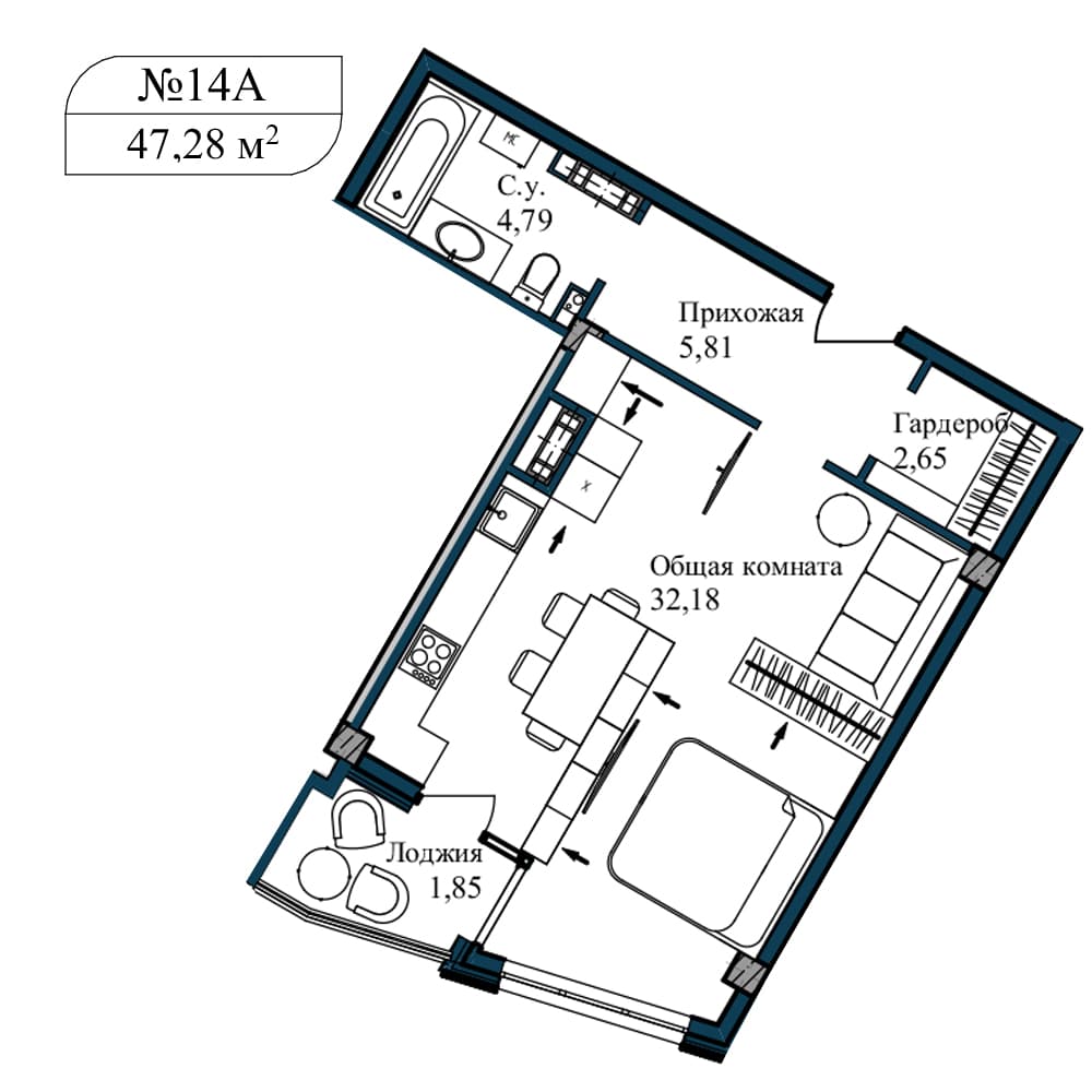 1-к, 48.9 м² · Апарт-комплекс «GARDEN»