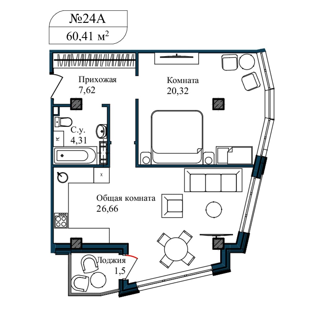 2-к, 61.6 м² · Апарт-комплекс «GARDEN»