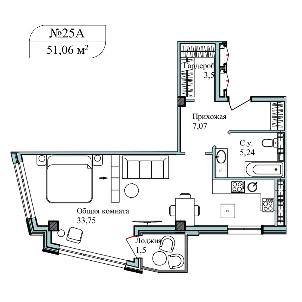1-к, 51.8 м² · Апарт-комплекс «GARDEN»