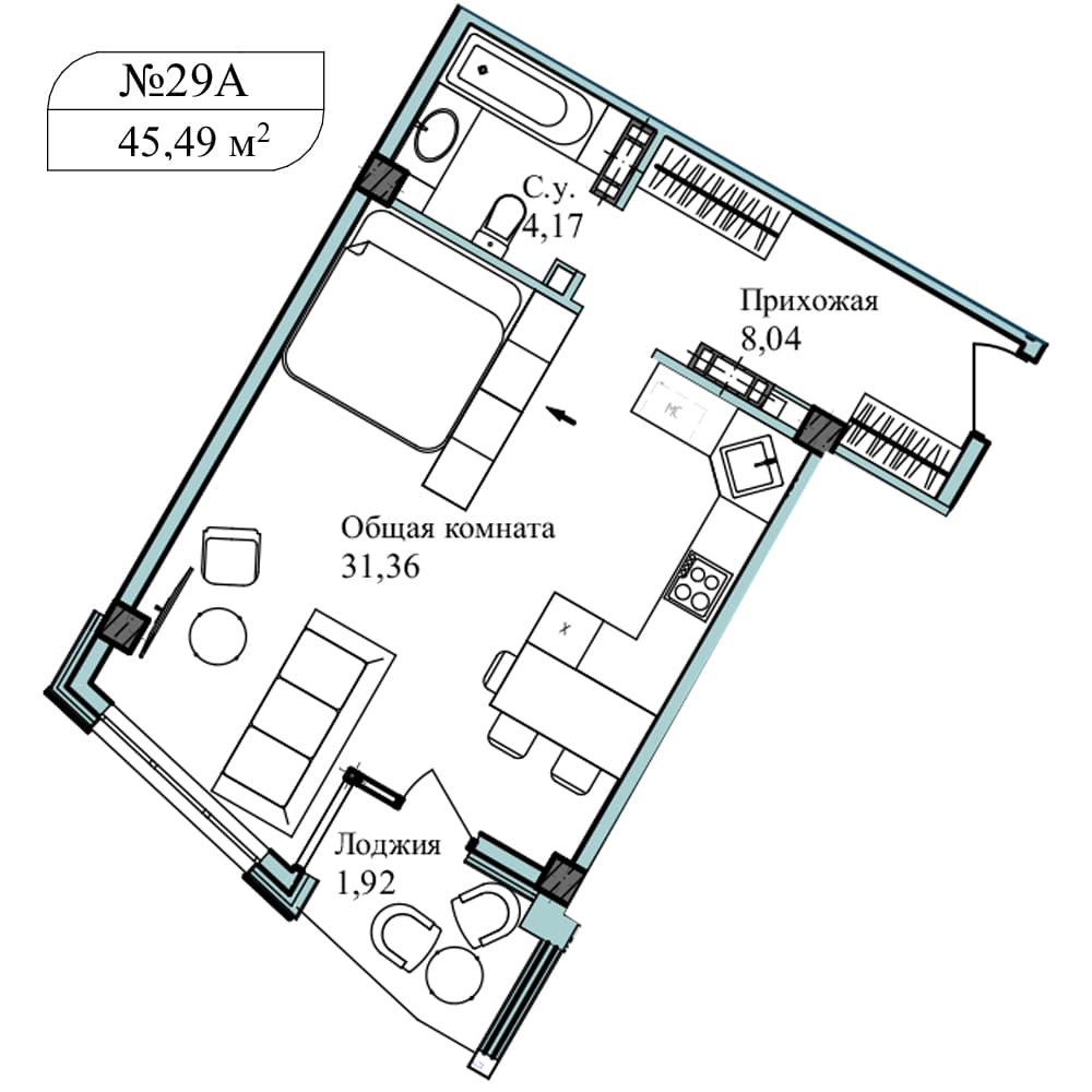 1-к, 46.7 м² · Апарт-комплекс «GARDEN»