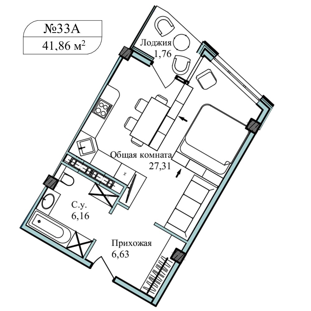 1-к, 43.5 м² · Апарт-комплекс «GARDEN»