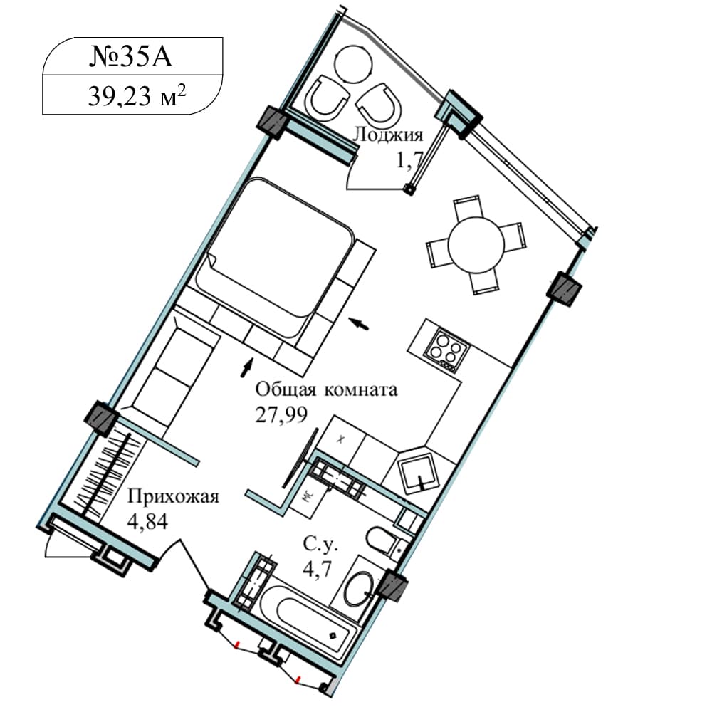 1-к, 41.2 м² · Апарт-комплекс «GARDEN»