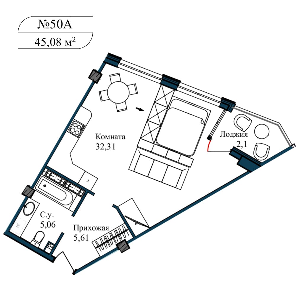 1-к, 47.6 м² · Апарт-комплекс «GARDEN»