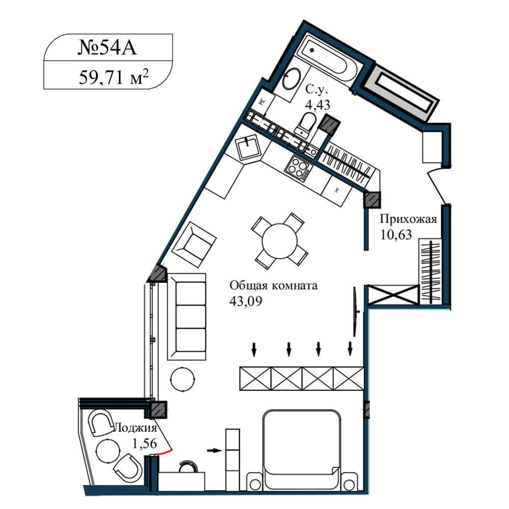 1-к, 61.3 м² · Апарт-комплекс «GARDEN»