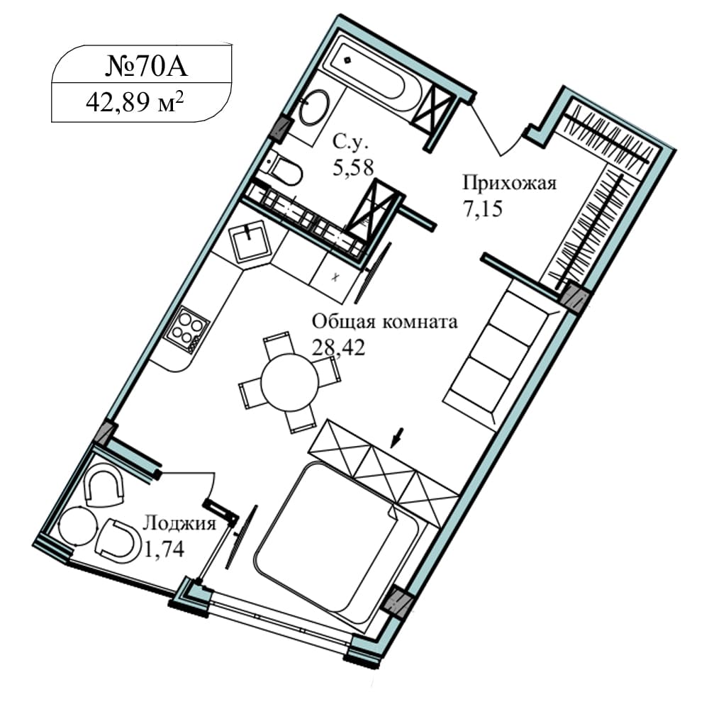 1-к, 44.4 м² · Апарт-комплекс «GARDEN»