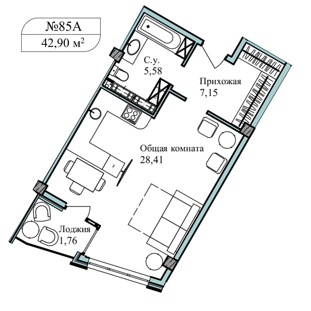 1-к, 44.5 м² · Апарт-комплекс «GARDEN»