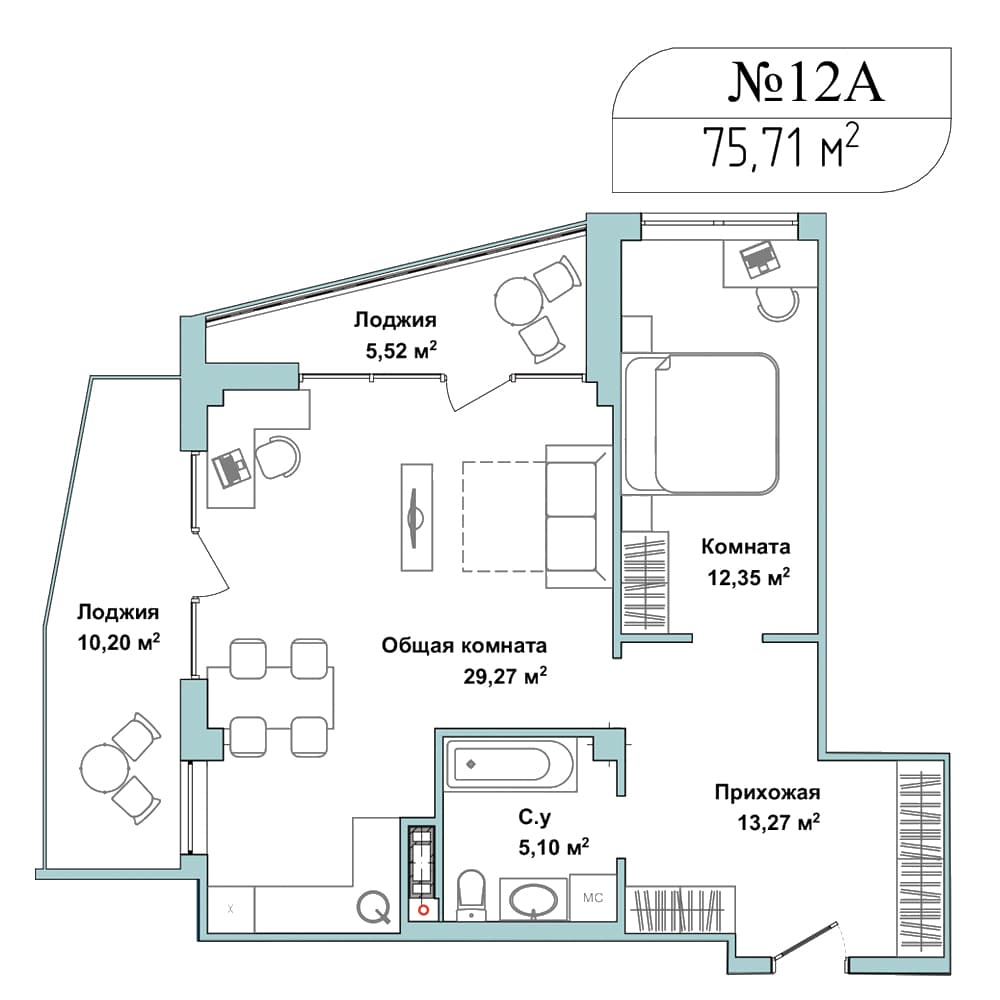 2-к, 75.1 м² · Апарт-комплекс «GARDEN»