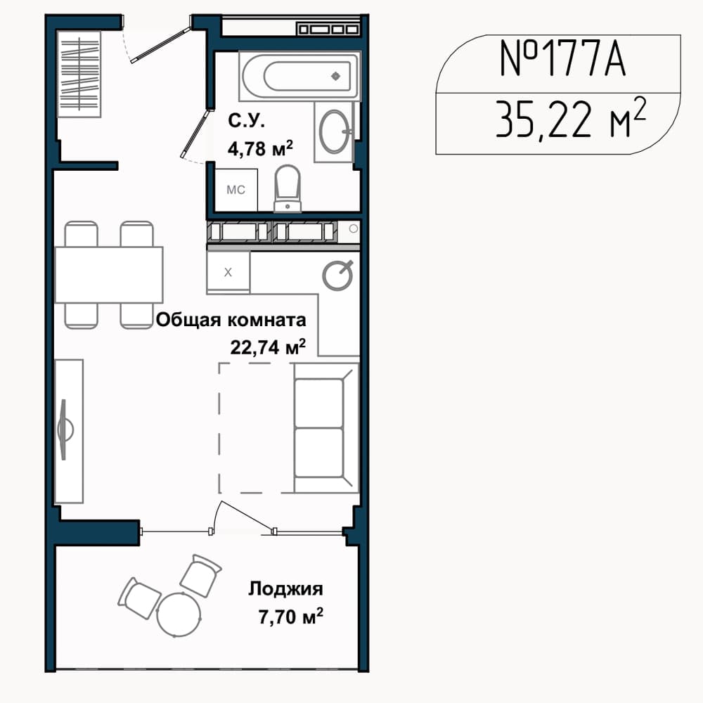 1-к, 34.4 м² · Апарт-комплекс «GARDEN»