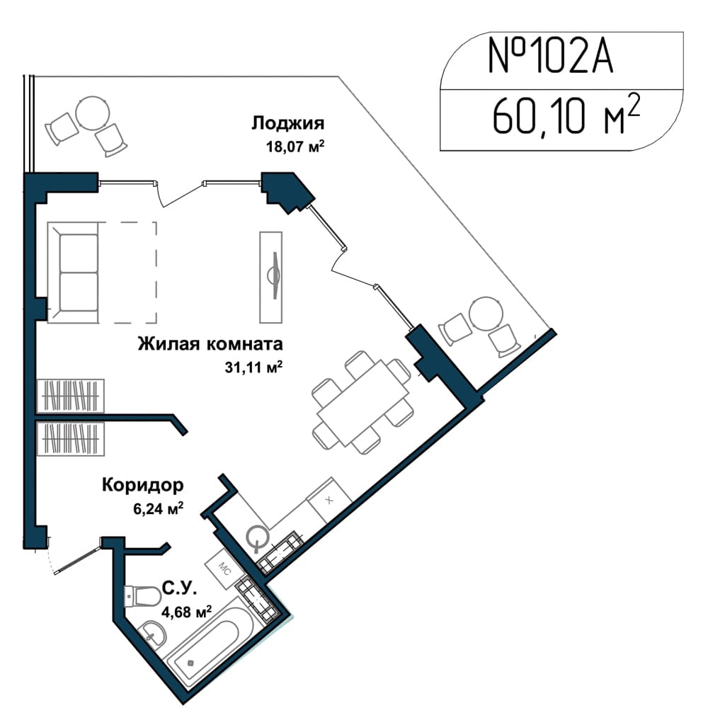 1-к, 59.9 м² · Апарт-комплекс «GARDEN»