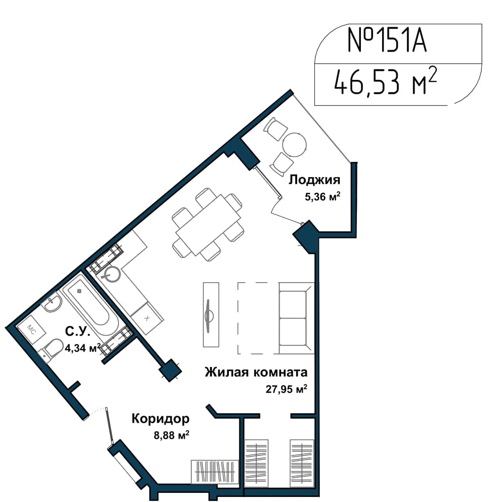 1-к, 45.5 м² · Апарт-комплекс «GARDEN»