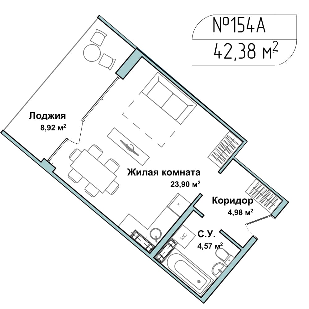 1-к, 42.2 м² · Апарт-комплекс «GARDEN»