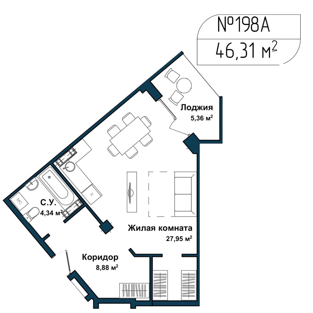 1-к, 45.4 м² · Апарт-комплекс «GARDEN»