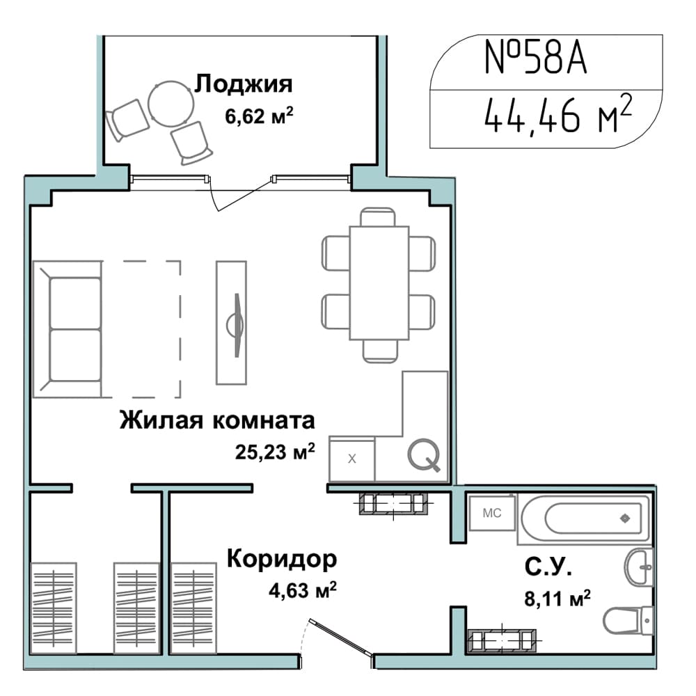 1-к, 44.1 м² · Апарт-комплекс «GARDEN»