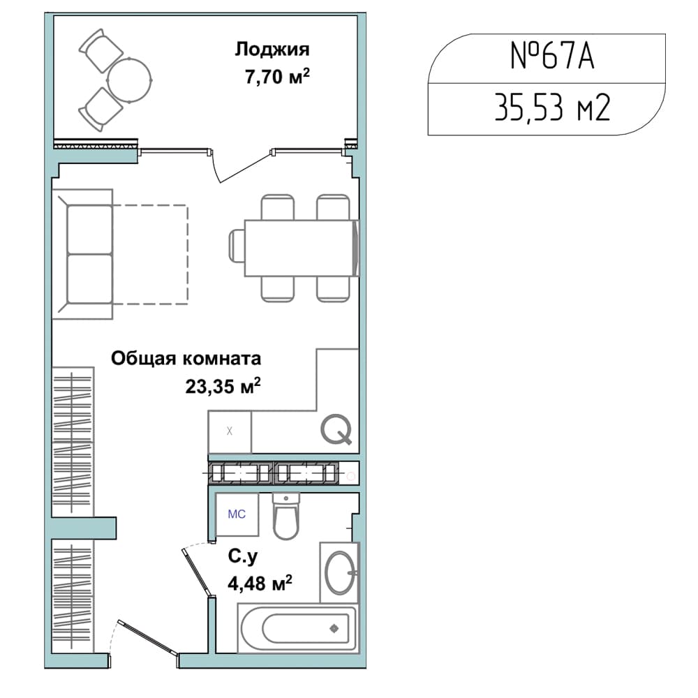 1-к, 34.7 м² · Апарт-комплекс «GARDEN»