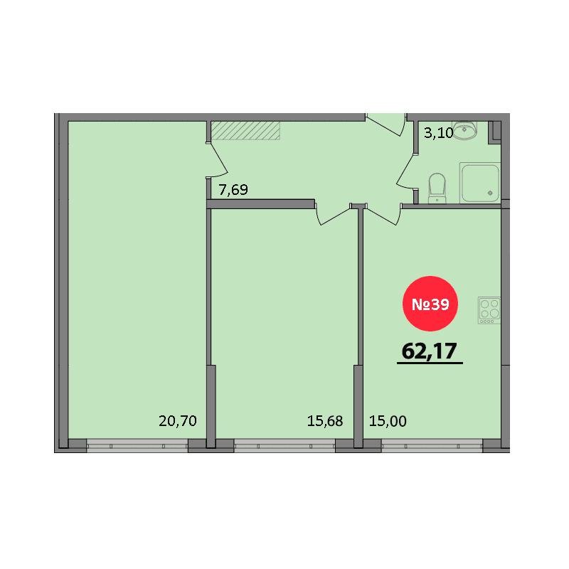 2-к, 62.17 м² · Парк Прибрежный