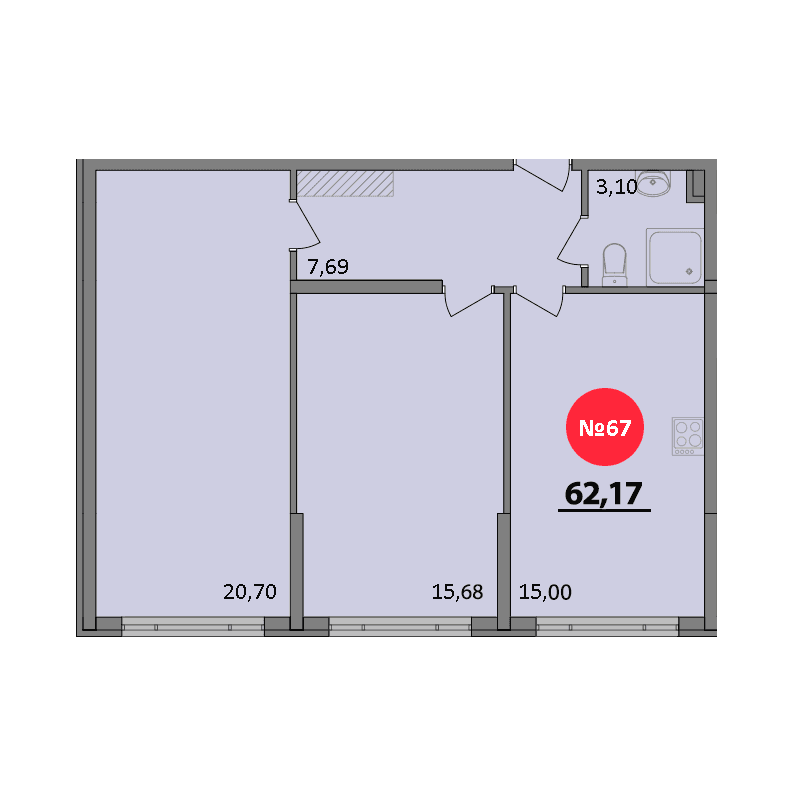 2-к, 62.17 м² · Парк Прибрежный