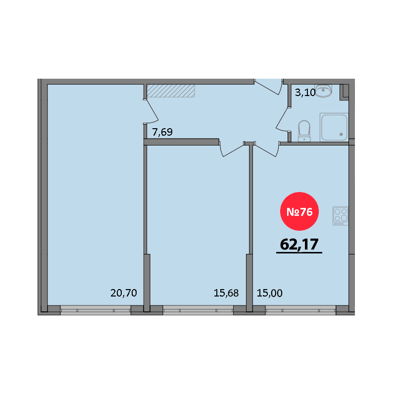 2-к, 62.17 м² · Парк Прибрежный