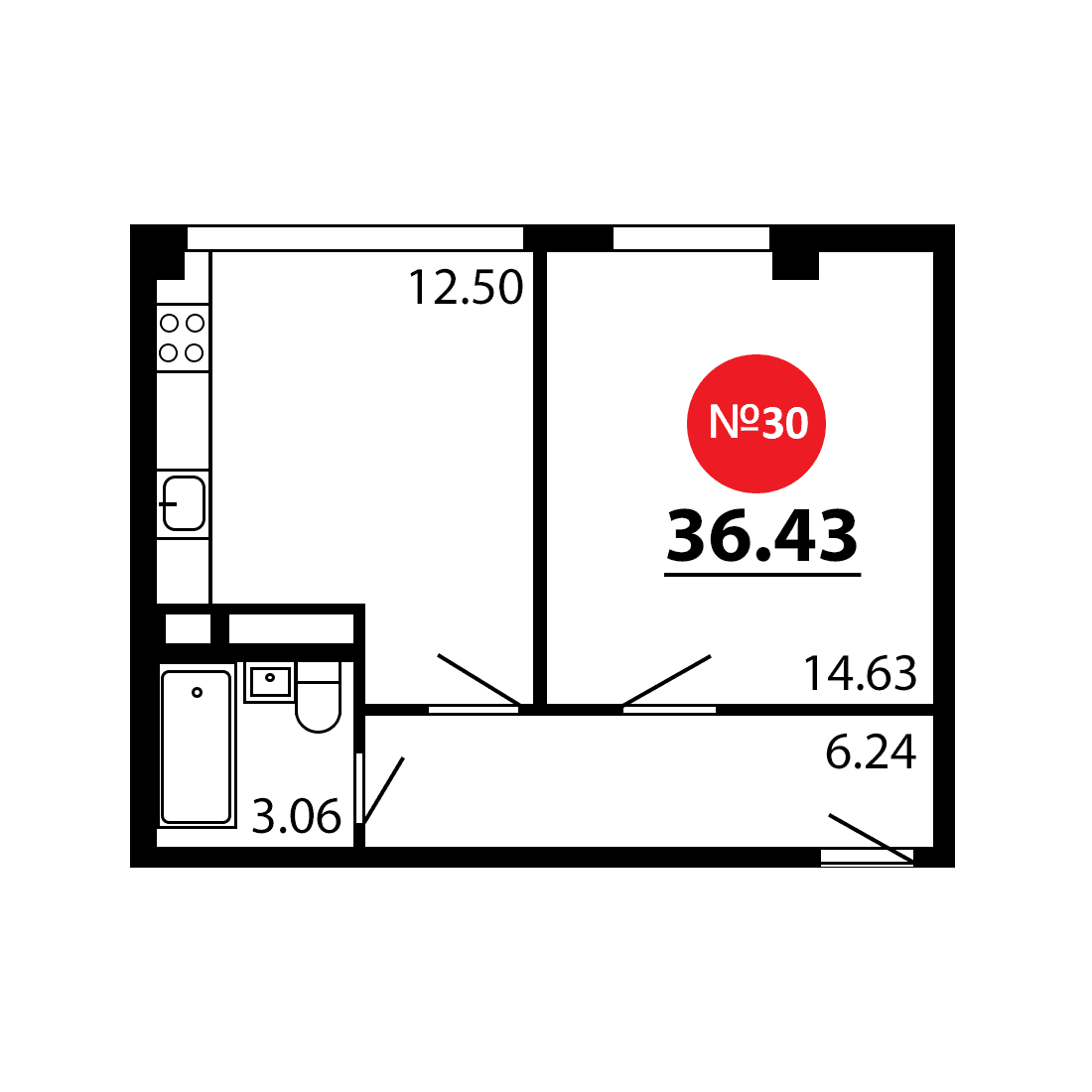 1-к, 36.43 м² · Рассвет