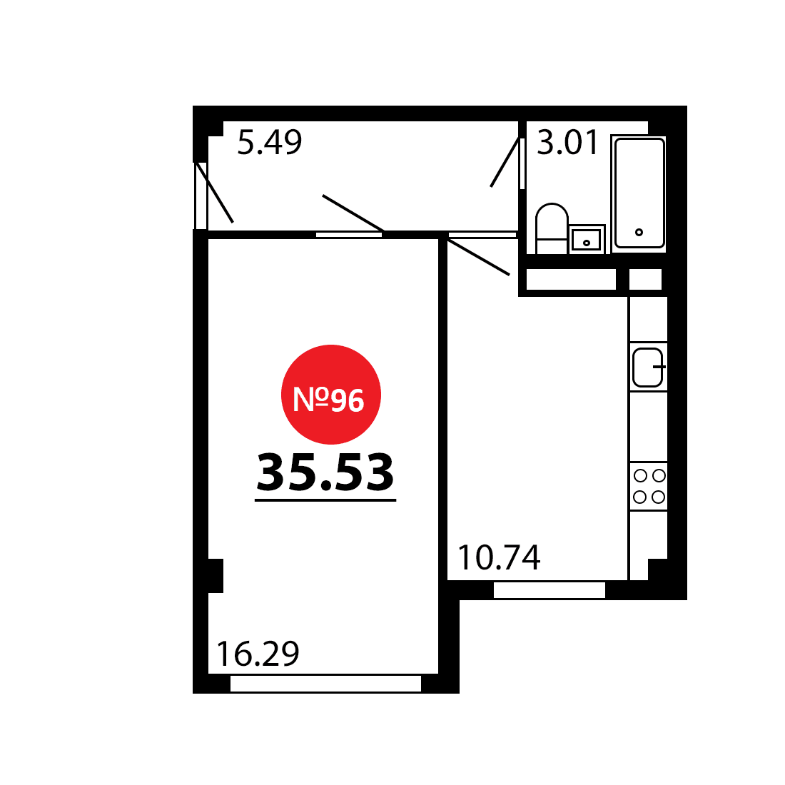 1-к, 35.53 м² · Рассвет